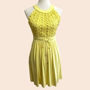 Calvin Klein Halter Tank Dress Womens 4 Cotton Yellow Crochet Flowers Pockets